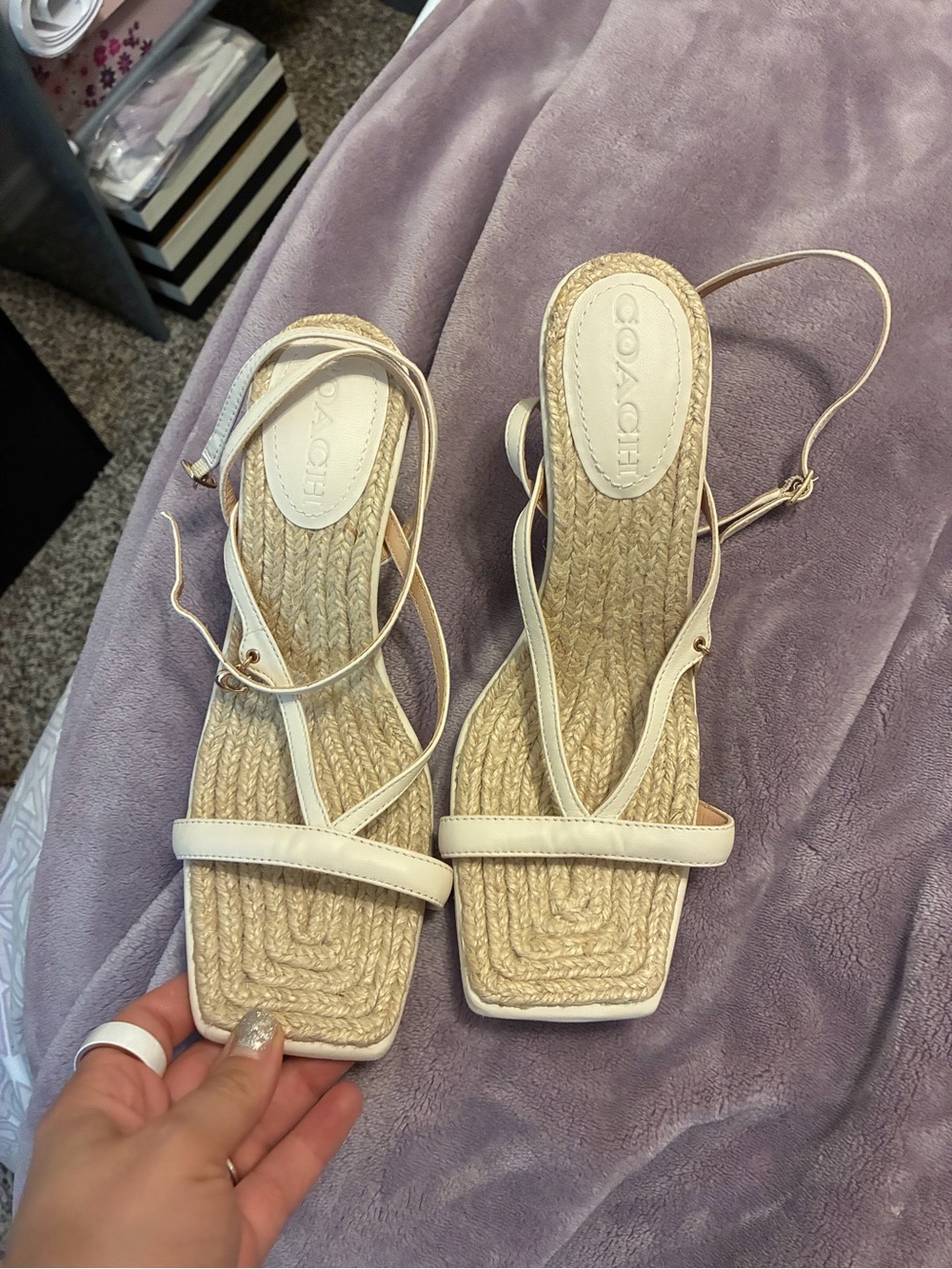 COACH Cream Strappy Espadrille Sandals with Rope Footbed